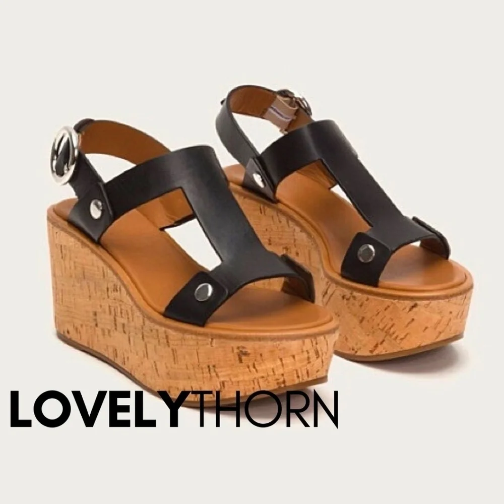 FRYE // dahlia black leather upper rivet detail platform cork wedge sandals